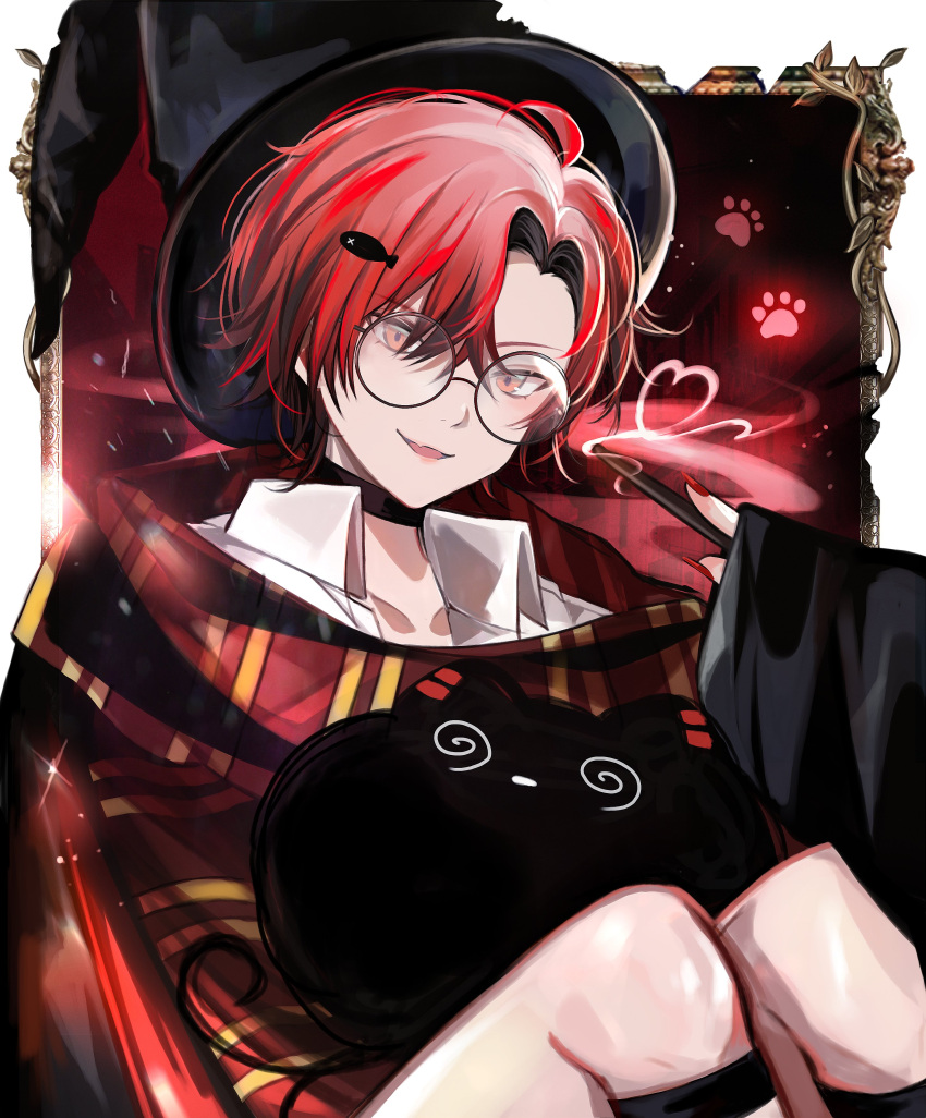 1boy absurdres black_robe crown_(artist) glasses gryffindor hair_between_eyes hat highres holostars holostars_english knees_up looking_at_viewer machina_x_flayon machiroon_(machina_x_flayon) male_focus red_eyes red_hair red_scarf robe scarf short_hair smile solo striped striped_scarf upper_body virtual_youtuber wand witch_hat wizarding_world