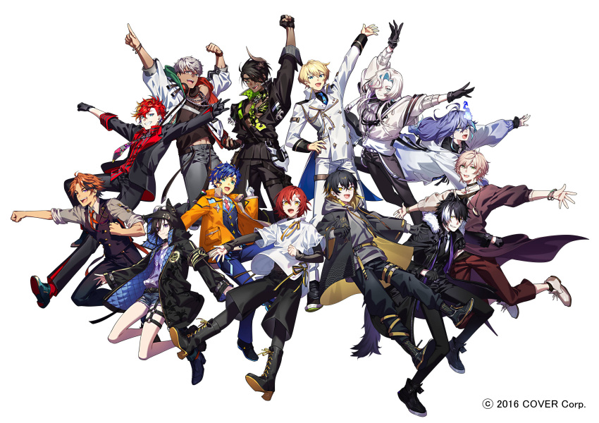 6+boys :d \m/ abs animal_ears animal_hood animal_print ankle_boots antenna_hair aqua_eyes aqua_hair aragami_oga arm_up armband arurandeisu ascot astel_leda beckoning belt belt_pouch black_armband black_belt black_choker black_coat black_collar black_footwear black_gloves black_hair black_jacket black_leggings black_nails black_pants black_ribbon black_shirt black_socks black_sweater black_tank_top black_undershirt black_vest blonde_hair blue_eyes blue_hair blue_jacket blue_necktie blue_pants boots bracelet breast_pocket brown_pants brown_vest buttons capri_pants cat_hood chain_necklace chest_guard choker clenched_hand closed_mouth coat collar collared_shirt colored_inner_hair copyright cropped_jacket cross-laced_footwear crossed_bangs dark-skinned_male dark_skin denim denim_shorts diamond_button double-breasted double-parted_bangs ear_piercing earrings everyone eyepatch flower formal full_body fumiko_(throughx2) fur-trimmed_coat fur_trim glasses gloves gold_trim gradient_jacket green_eyes grey_ascot grey_hair grey_hoodie grey_pants grey_shirt grin hair_between_eyes hair_flower hair_ornament hair_over_one_eye hairclip half_gloves hanasaki_miyabi handprint headphones headphones_around_neck heterochromia high_heel_boots high_heels highres hitodama hizaki_gamma holostars hood hood_down hood_up hoodie horns index_finger_raised jackal_boy jackal_ears jackal_tail jacket jewelry kageyama_shien kanade_izuru kishido_temma lace-up_boots lapel_pin layered_sleeves leggings lightning_bolt_hair_ornament lightning_bolt_symbol loafers long_hair long_sleeves looking_at_viewer loose_clothes loose_shirt male_focus midriff_peek minase_rio mole mole_under_eye multicolored_hair multiple_boys neck_ribbon necklace necktie off_shoulder official_art open_clothes open_coat open_hand open_jacket open_mouth open_shirt orange_eyes orange_hair orange_jacket outstretched_arm outstretched_arms padded_jacket pants parted_bangs parted_lips partially_fingerless_gloves pectoral_cleavage pectorals pendant piercing pink_hair pocket pouch purple_belt purple_coat purple_eyes purple_hair purple_shirt red-framed_eyewear red_hair red_necktie red_ribbon red_shirt ribbon rikka_(holostars) ring sayagata seigaiha sharp_teeth shirt shirt_partially_tucked_in shoes short_hair short_over_long_sleeves short_shorts short_sleeves shorts simple_background single_earring single_horn single_sleeve sleeves_past_wrists sleeves_rolled_up slit_pupils smile socks spiked_collar spikes stole streaked_hair striped striped_shirt suit sweater swept_bangs tail tank_top teeth thigh_pouch thigh_strap tie_clip tiger_print torn_clothes torn_shorts turtleneck turtleneck_sweater two-sided_fabric two-sided_jacket two-tone_hair two-tone_shirt upper_teeth_only utsugi_uyu vertical-striped_shirt vertical_stripes vest virtual_youtuber watch white_background white_footwear white_hair white_jacket white_necktie white_pants white_shirt white_suit white_sweater wristwatch yatogami_fuma yellow_belt yellow_eyes yellow_ribbon yukoku_roberu