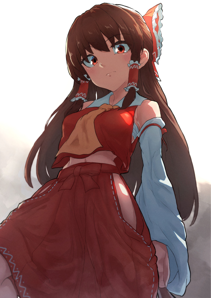 1girl absurdres ascot bare_hips bare_shoulders blush bow breasts brown_hair closed_mouth clothing_cutout collared_shirt commentary_request cowboy_shot detached_sleeves expressionless frilled_bow frilled_hair_tubes frills hair_bow hair_tubes hakurei_reimu highres hip_vent long_hair looking_at_viewer looking_down medium_bangs medium_breasts midriff navel red_bow red_eyes red_shirt red_skirt ribbon-trimmed_skirt ribbon_trim sarashi shirt side_cutout sidelocks simple_background skirt skirt_set sleeveless sleeveless_shirt smile solo sotatsudraw touhou white_background white_sleeves yellow_ascot