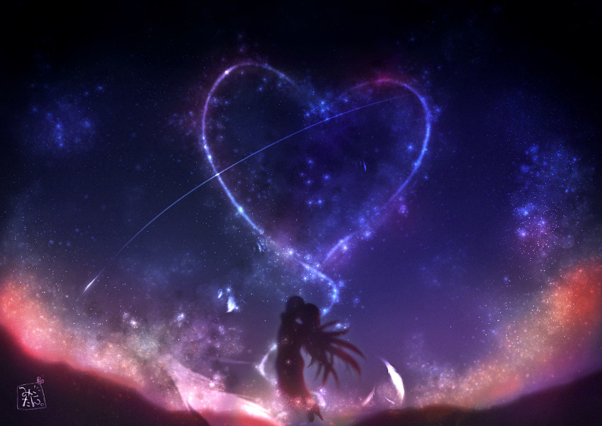 1boy 1girl comet couple heart highres mikotan44 night original scenery shadow sky star_(sky) starry_sky