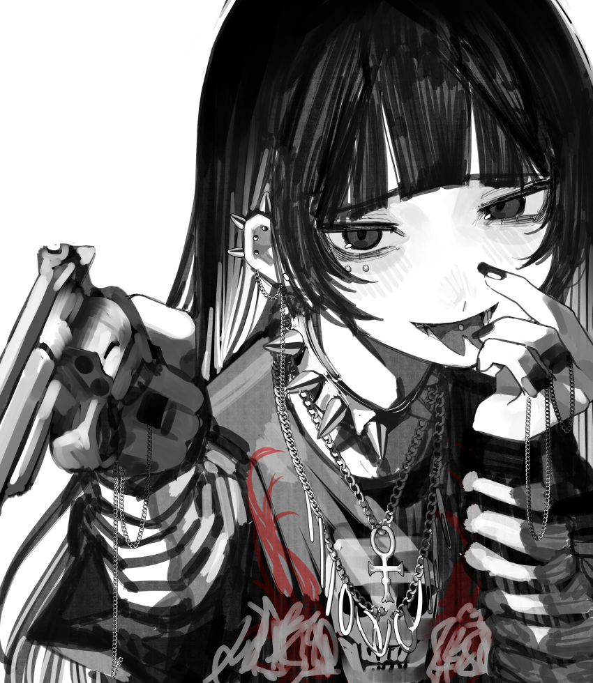 1girl absurdres blunt_bangs chain_necklace collar ear_piercing forked_tongue greyscale gun highres holding holding_gun holding_weapon jewelry long_hair long_sleeves looking_at_viewer monochrome necklace original piercing revolver sirayukisiu sketch solo spiked_collar spikes spot_color tongue upper_body weapon