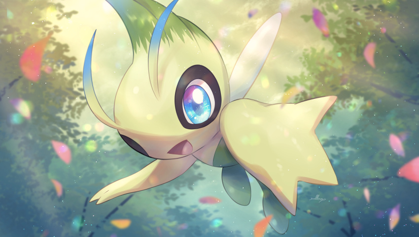 :d absurdres antennae artist_name blue_eyes blurry blurry_background celebi commentary_request day full_body highres light_particles light_rays looking_at_viewer no_humans nullma open_mouth outdoors petals pokemon pokemon_(creature) signature smile sunlight tongue tree wings