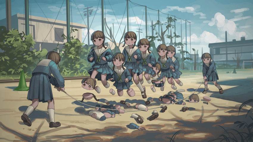 6+girls blue_serafuku blue_skirt blue_sky body_horror braid brown_eyes brown_hair cloud dai3syougen expressionless highres jump_rope jumping kneehighs low_twin_braids midair multiple_girls original outdoors pleated_skirt school_uniform serafuku shoes skirt sky socks surreal traffic_cone twin_braids utility_pole uwabaki white_socks