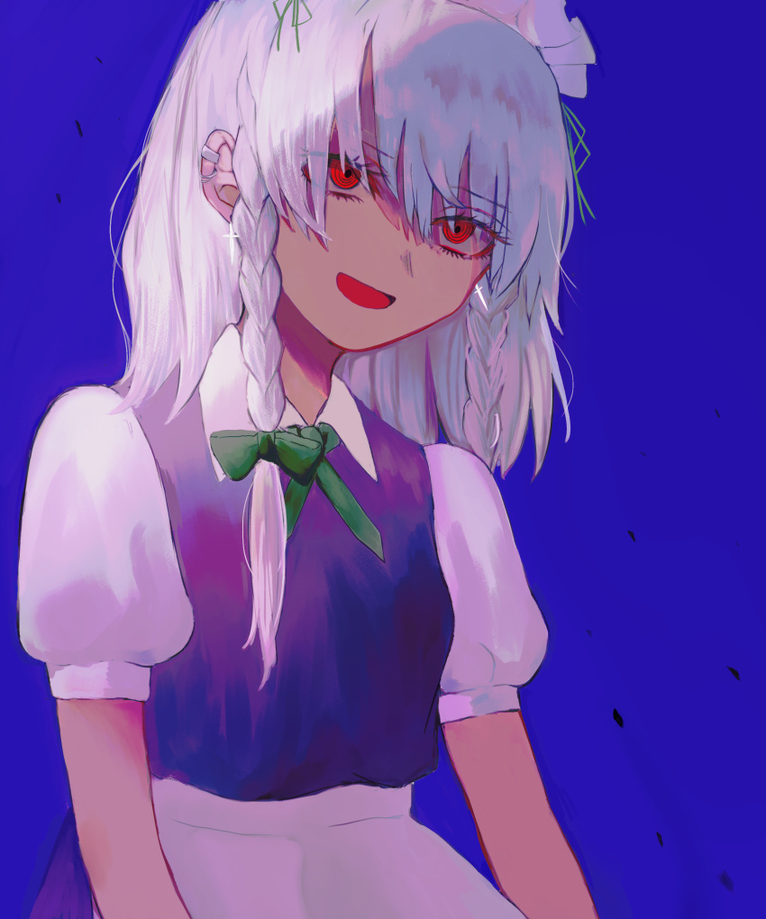 1girl absurdres ascot blue_background braid collar green_ascot highres izayoi_sakuya kuru_(kurukuru_koubou) long_hair open_mouth red_eyes short_sleeves touhou twin_braids white_hair