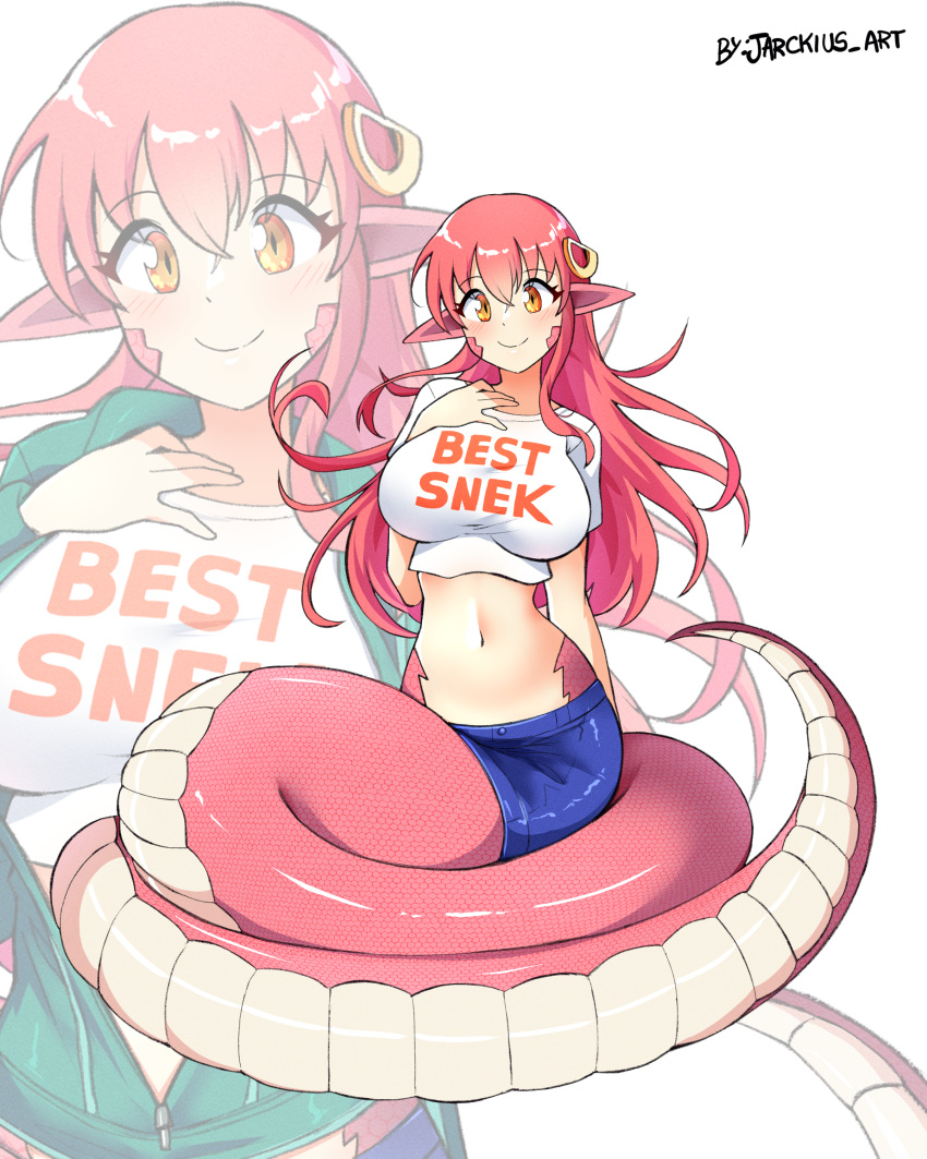 1girl absurdres blue_skirt breasts commentary_request crop_top hand_on_own_hip highres jarckius lamia large_breasts long_hair looking_at_viewer midriff miia_(monster_musume) miniskirt monster_girl monster_musume_no_iru_nichijou navel pencil_skirt pink_hair pointy_ears shirt short_sleeves simple_background skirt smile stomach very_long_hair white_background white_shirt yellow_eyes zoom_layer