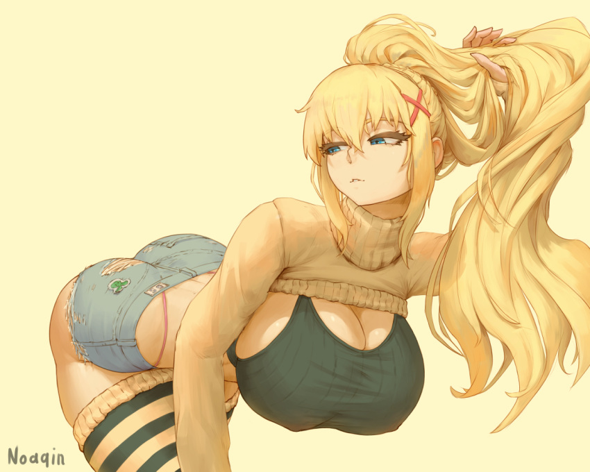 1girl artist_name ass bent_over biting blonde_hair blue_eyes breasts casual cleavage covered_nipples cowboy_shot cutoffs darkness_(konosuba) denim denim_shorts hair_between_eyes half-closed_eyes hanging_breasts highleg highleg_panties holding_hands huge_breasts kono_subarashii_sekai_ni_shukufuku_wo! lip_biting long_hair long_sleeves looking_back micro_shorts noaqin panties panty_straps ponytail ribbed_shirt shirt short_shorts shorts shrug_(clothing) sidelocks simple_background sports_bra striped striped_thighhighs taut_clothes thighhighs turtleneck underwear wide_hips yellow_background