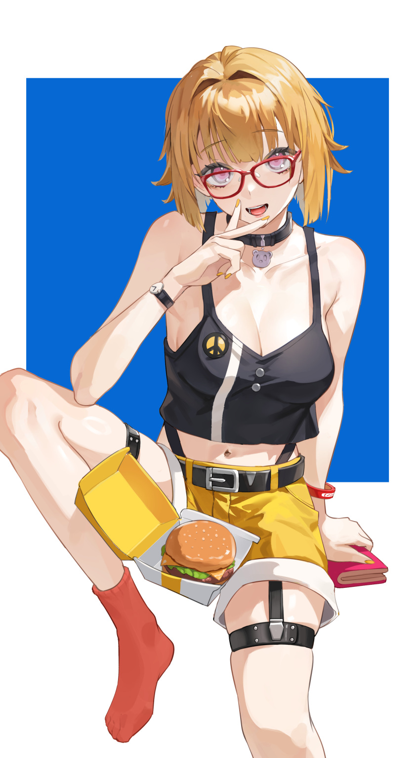 1girl :d absurdres belt black_shirt breasts brown_hair burger collar collarbone food foot_out_of_frame girls'_frontline glasses grizzly_mkv_(girls'_frontline) grizzly_mkv_(weekend_cop)_(girls'_frontline) highres holding looking_at_viewer medium_breasts mentha midriff nail_polish navel no_shoes open_mouth orange_nails peace_symbol purple_eyes red_socks shirt short_hair shorts sitting smile socks solo tank_top thigh_strap v_over_mouth watch wristwatch yellow_shorts