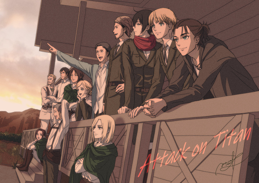 5girls 6+boys absurdres alternate_universe annie_leonhardt armin_arlert beard_stubble bertolt_hoover black_eyes black_hair blonde_hair brown_hair christa_renz connie_springer crossed_arms eren_yeager eye_contact facing_ahead freckles from_side full_beard group_picture happy highres jean_kirchstein leaning_forward looking_at_another macaronk marco_bodt medium_hair mikasa_ackerman multiple_boys multiple_girls official_alternate_hairstyle paradis_military_uniform pointing pointing_forward profile reiner_braun sasha_braus shingeki_no_kyojin short_hair sideburns smile sunset suspenders ymir_(shingeki_no_kyojin)