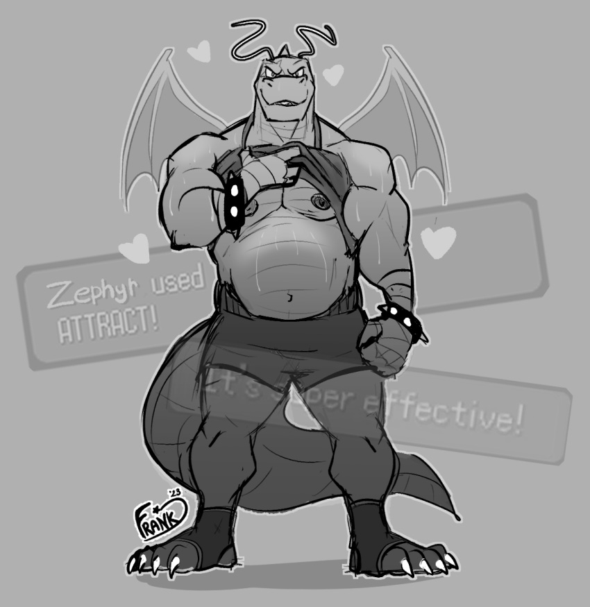 &lt;3 anthro belly bodily_fluids bottomwear claws clothed clothing clothing_lift dragonite frank_folf generation_1_pokemon hi_res looking_at_viewer male monochrome musclegut muscular musk navel nintendo nipples pokemon pokemon_(species) shirt shirt_lift shorts smile smirk solo spikes sweat sweatdrop toe_claws topwear wings zephyr
