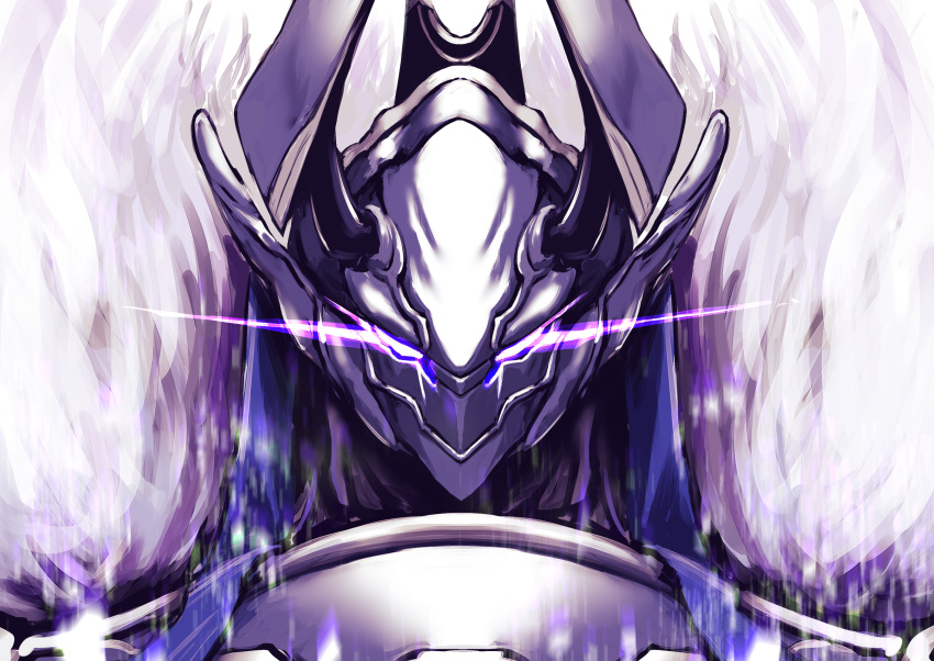 152_in_can 1boy armor fate/grand_order fate_(series) full_armor glowing glowing_eyes highres horns humanoid_robot looking_at_viewer male_focus minamoto_no_tametomo_(fate) no_humans purple_eyes robot solo upper_body white_armor