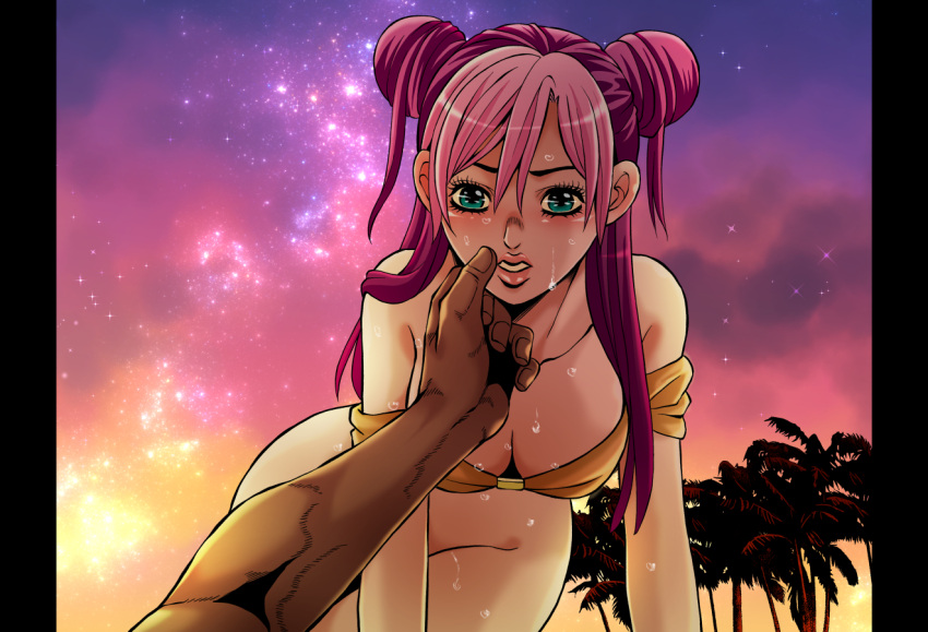 1boy 1girl all_fours alternate_color alternate_hair_color ass beach bikini bikini_top_only blue_eyes blush bottomless breasts cleavage collarbone commentary_request couple dark-skinned_male dark_skin double_bun enrico_pucci hair_bun hand_on_another's_chin hetero interracial jojo_no_kimyou_na_bouken kid_(kidocchi) kujo_jolyne large_breasts long_hair looking_at_viewer on_ground palm_tree pink_hair pov sky stone_ocean swimsuit thighs tree wet