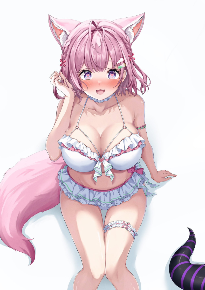 1girl :3 animal_ear_fluff animal_ears antenna_hair armlet armpit_crease bare_shoulders bikini blush bow braid breasts cameo choker cleavage collarbone commentary_request demon_horns extra_ears fang fingernails frilled_bikini frilled_choker frills from_above hair_between_eyes hair_ornament hair_ribbon hakui_koyori hakui_koyori_(3rd_costume) heart heart_in_eye highres hololive horns huge_breasts knees la+_darknesss legs looking_at_viewer medium_hair navel o-ring o-ring_bikini o-ring_top open_mouth pink_bow pink_hair pink_ribbon pink_tail purple_eyes purple_horns ribbon simple_background sitting smile stomach striped_horns swimsuit symbol_in_eye tail takuty thigh_strap thighs two-tone_horns virtual_youtuber white_background white_bikini white_choker wolf_ears wolf_girl wolf_tail