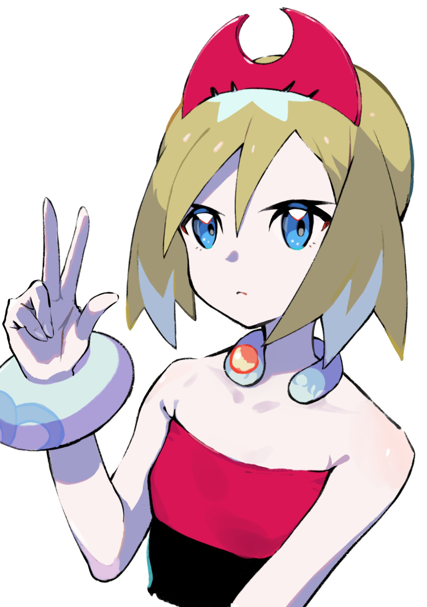 1girl absurdres bare_shoulders blonde_hair blue_eyes bracelet closed_mouth collar commentary_request hair_between_eyes hairband hand_up highres irida_(pokemon) jewelry pink_hairband pokemon pokemon_(game) pokemon_legends:_arceus shirt short_hair simple_background solo strapless strapless_shirt upper_body w white_background yanagi_(soke_yanagi)