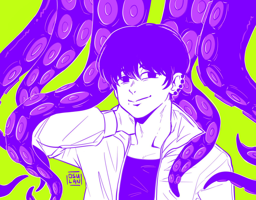 1boy artist_name chainsaw_man ear_piercing green_background highres jacket looking_at_viewer mole mole_under_mouth multiple_piercings octopus_devil_(chainsaw_man) osulan piercing purple_hair purple_outline purple_shirt purple_theme shirt short_hair simple_background smile tentacles white_jacket yoshida_hirofumi