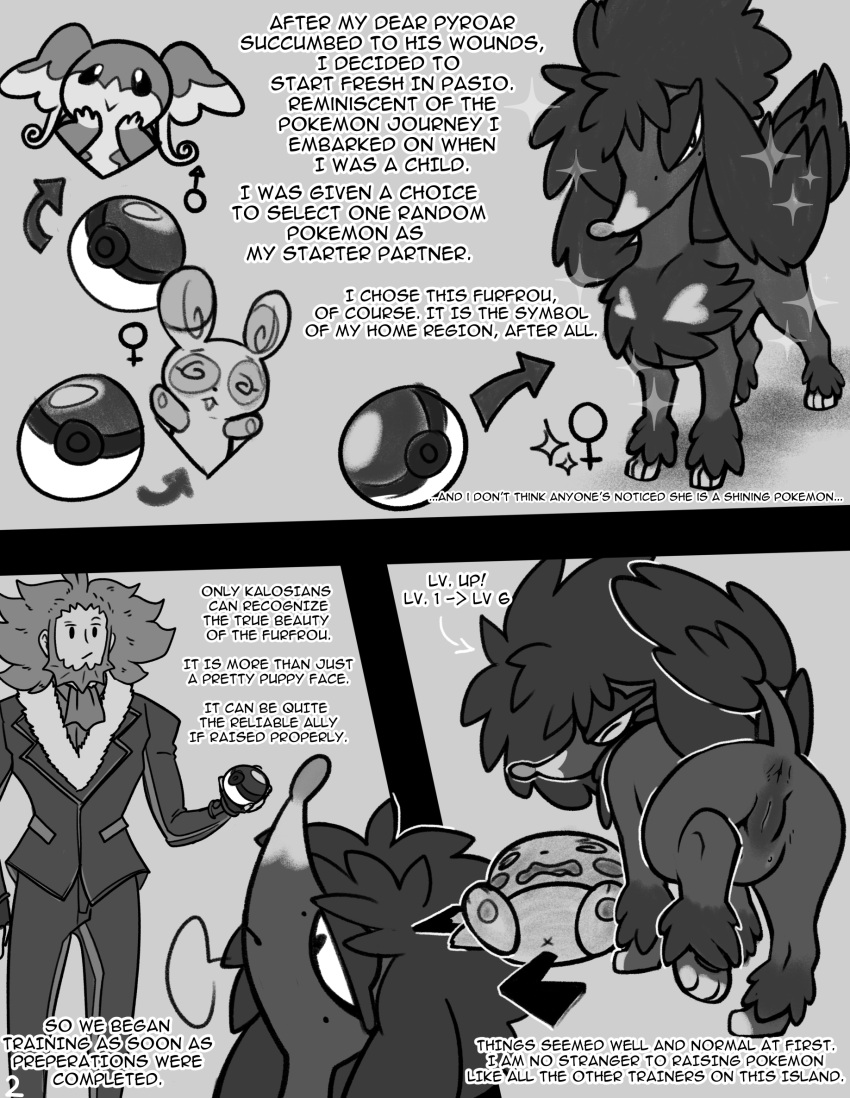 age_difference audino canid canine canis comic domestic_dog dominant dominant_female dominant_feral female feral furfrou generation_2_pokemon generation_3_pokemon generation_5_pokemon generation_6_pokemon greyscale hi_res human lysandre_(pok&eacute;mon) male male/female mammal monochrome nintendo older_male pichu pokeball pokemon pokemon_(species) pokemon_masters poodle shiny_pokemon spinda submissive submissive_human submissive_male suns_(artist) team_flare