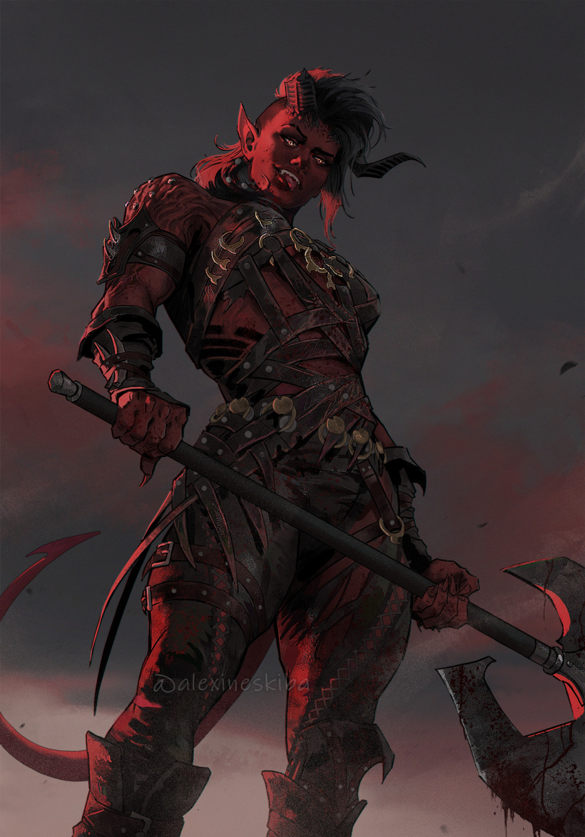 aleksandra_skiba axe baldur's_gate baldur's_gate_3 black_hair blood boots colored_skin demon_horns demon_tail dungeons_and_dragons highres holding holding_weapon horns karlach_(baldur's_gate) leather_strap looking_down muscular muscular_female orange_eyes ponytail red_skin red_sky signature sky tail tongue tongue_out weapon