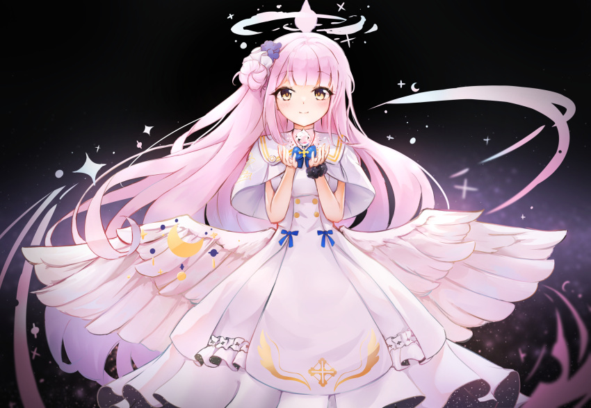 1girl angel_wings black_background blue_archive blunt_bangs bow capelet commentary_request dress feathered_wings flower hair_bun hair_flower hair_ornament hair_scrunchie halo highres long_hair looking_at_viewer mika_(blue_archive) ohbuya one_side_up orb pink_hair school_uniform scrunchie sidelocks simple_background single_side_bun smile solo turtleneck_dress white_dress white_wings wings wrist_scrunchie yellow_eyes