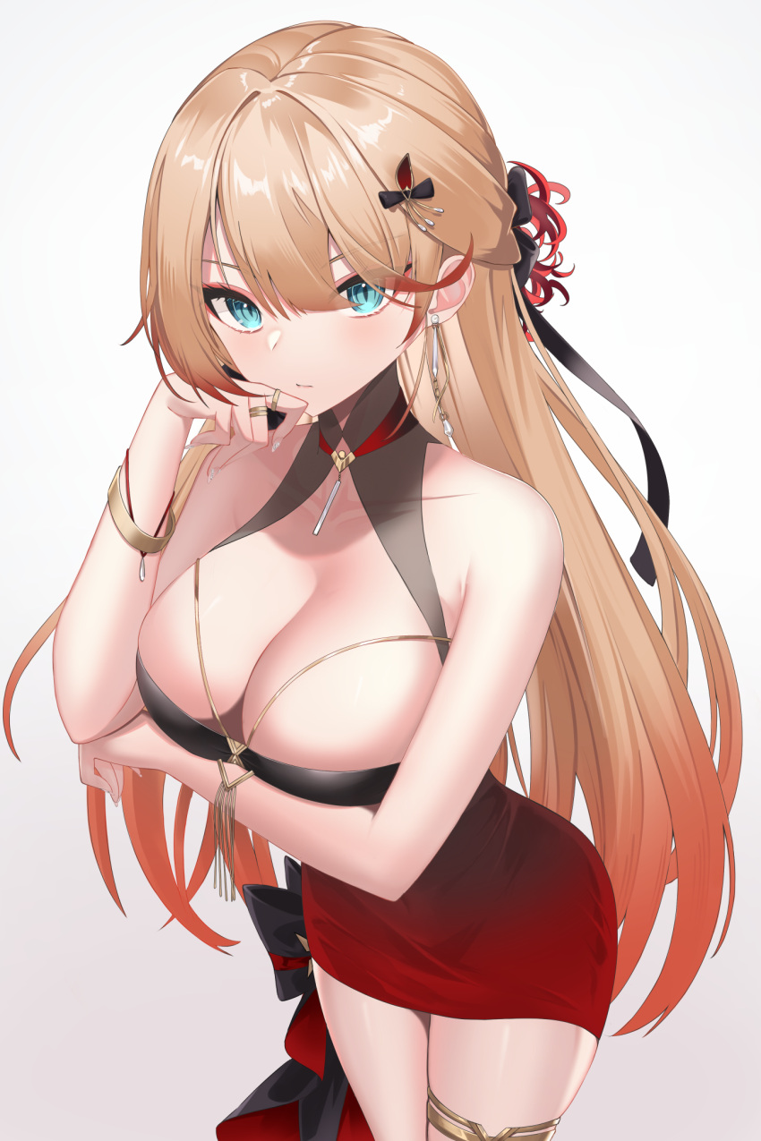 1girl arm_under_breasts asymmetrical_dress azur_lane black_dress black_ribbon blonde_hair blue_eyes breasts cleavage cocktail_dress cowboy_shot dress earrings evening_gown gradient_dress gradient_hair grey_background hair_ribbon highres howe_(azur_lane) howe_(evening_marvels)_(azur_lane) jewelry kei_myoho large_breasts looking_at_viewer multicolored_hair official_alternate_costume red_dress ribbon simple_background sleeveless sleeveless_dress solo tight_clothes tight_dress