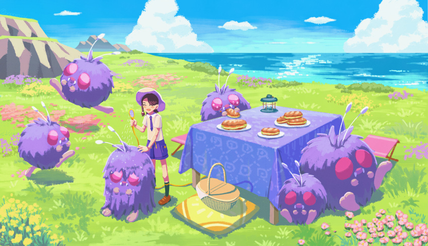 1girl :d absurdres basket black_socks brown_footwear brown_hair closed_eyes cloud commentary_request day flower food grass hat highres holding_hair_brush juliana_(pokemon) necktie open_mouth outdoors pokemon pokemon_(creature) pokemon_(game) pokemon_sv purple_shorts sandwich shirt shoes short_sleeves shorts sky smile socks standing tablecloth venonat water xxxxay