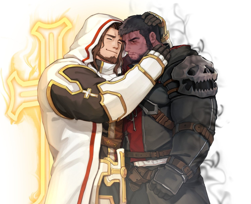 2boys arm_belt aura avenger_(dungeon_and_fighter) bara beard blush comforting cross crusader_(dungeon_and_fighter) dark-skinned_male dark_aura dark_skin dungeon_and_fighter eyebrow_cut facial_hair feet_out_of_frame hand_on_another's_neck headpat heads_together highres ina_zuma leather long_hair male_focus male_priest_(dungeon_and_fighter) mature_male multiple_boys muscular muscular_male mustache_stubble pectorals priest red_eyes sad scar scar_on_face scar_on_forehead short_hair skull_pauldron smile standing thick_eyebrows underwear yaoi