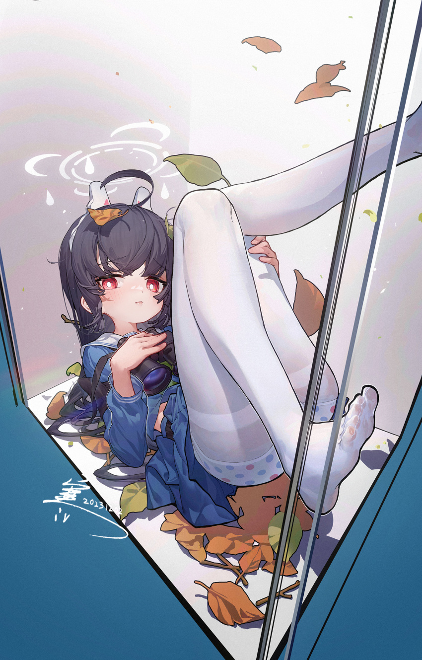 1girl absurdres ahoge animal_ears binoculars black_hair blue_archive blue_serafuku blue_shirt blue_skirt chinese_commentary commentary_request fake_animal_ears foot_out_of_frame halo han_keshi_chao_mang_de headgear highres leaf leaf_on_head legs_up looking_at_viewer lying miniskirt miyu_(blue_archive) no_shoes on_back panties panties_under_pantyhose pantyhose pleated_skirt polka_dot polka_dot_panties rabbit_ears red_eyes sailor_collar sailor_shirt school_uniform serafuku shirt skirt soles solo thighband_pantyhose toes underwear white_halo white_pantyhose white_sailor_collar