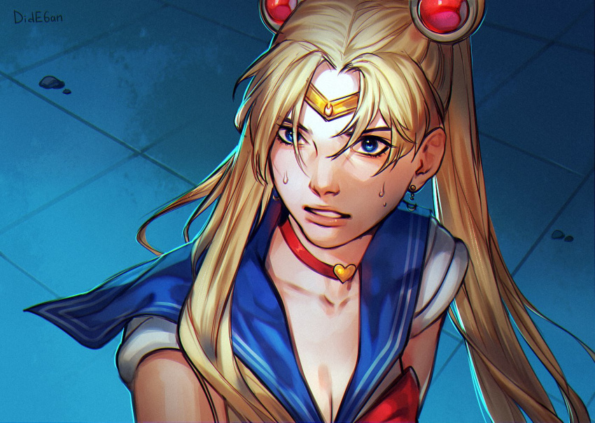 1girl bishoujo_senshi_sailor_moon blonde_hair blue_eyes blue_sailor_collar choker circlet crescent crescent_earrings derivative_work diadem dide6an double_bun earrings hair_bun hair_over_shoulder heart heart_choker jewelry long_hair looking_at_viewer meme parted_bangs red_choker sailor_collar sailor_moon sailor_moon_redraw_challenge_(meme) sailor_senshi_uniform screencap_redraw tile_floor tiles tsukino_usagi twintails upper_body