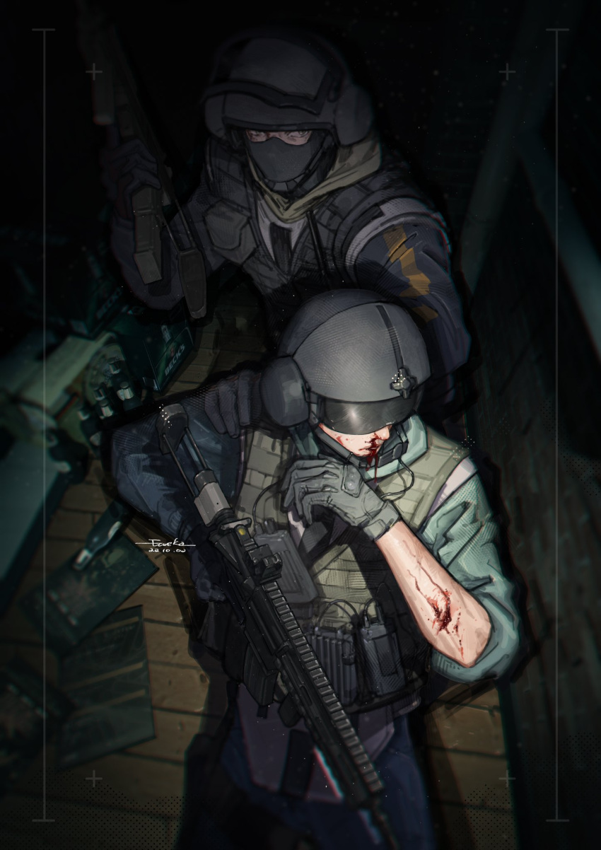 2boys artist_name bandit_(rainbow_six_siege) black_gloves black_jacket blood blood_on_face blue_pants bulletproof_vest dated eureka1812 gloves green_jacket gun helmet highres holding holding_gun holding_weapon injury jacket jaeger_(rainbow_six_siege) male_focus mask mouth_mask multiple_boys nosebleed pants rainbow_six_siege weapon