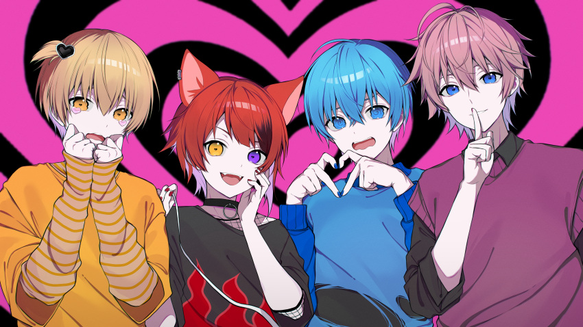 4boys :d @_@ absurdres black_choker black_shirt blue_eyes blue_hair blue_nails blue_sweater brown_hair buta_tamako choker collared_shirt colon_(stpri) covering_mouth fangs finger_to_mouth grin hand_up hands_up heart heart-shaped_pupils heart_hands heterochromia highres lineup long_sleeves looking_at_viewer male_focus multiple_boys nail_polish open_mouth orange_eyes orange_shirt pink_hair purple_eyes purple_sweater_vest red_hair red_nails rinu_(stpri) root_(stpri) satomi_(stpri) shirt side-by-side smile straight-on strawberry_prince sweater sweater_vest symbol-shaped_pupils teeth upper_body upper_teeth_only v-neck wavy_mouth