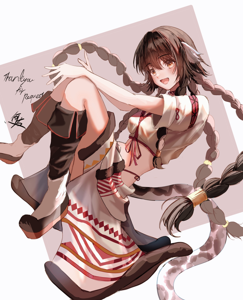 1girl absurdres animal_ears anju_(utawarerumono) blush boots braid breasts brown_eyes brown_hair commentary commission crop_top donata_(donatasama) english_text full_body highres knee_boots knees_up leopard_tail long_hair looking_at_viewer open_mouth pixiv_commission platform_boots platform_footwear shirt short_sleeves signature skirt small_breasts smile solo tail twin_braids utawarerumono very_long_hair white_shirt white_skirt