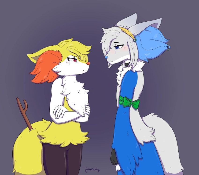 accessory anthro blush bodily_fluids braixen collar crossed_arms delphox fawnishy fluffy generation_6_pokemon headband hi_res male nintendo pokemon pokemon_(species) rune_(~hey_yo~) solo tears