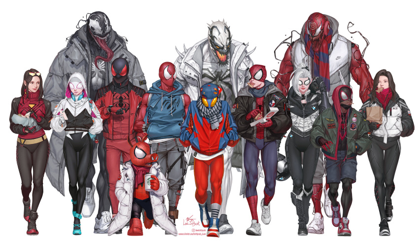 4girls 6+boys animal_print anti-venom artist_name backwards_hat ben_reilly black_cat_(marvel) blue_bodysuit bodysuit carnage_(marvel) cellphone child commentary food hat highres hood hooded_bodysuit in-hyuk_lee jacket male_focus marvel montage mouth_hold multiple_boys multiple_girls phone pig_boy pizza red_bodysuit scarlet_spider shorts silk silk_(marvel) smartphone spider-gwen spider-man_(miles_morales) spider-man_(series) spider-verse spider-verse_(comics) spider-woman spider_print spider_web_print starbucks superhero symbiote two-tone_bodysuit venom_(marvel) watch western_comics_(style)