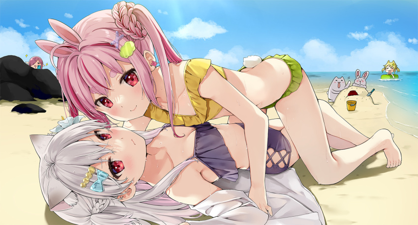 4girls animal animal_ears bare_arms bare_legs bare_shoulders barefoot beach bikini black_bikini blonde_hair blue_sky braid breasts cat cellphone character_request cleavage closed_mouth cloud collarbone commentary_request day girl_on_top grey_hair hair_over_one_eye horizon indie_virtual_youtuber innertube lying multicolored_hair multiple_girls natsume_eri natsume_eri_(vtuber) ocean on_back on_ground outdoors phone pink_hair pointy_ears rabbit rabbit_ears rabbit_girl rabbit_tail red_eyes red_hair sand sand_sculpture short_eyebrows sky small_breasts smile streaked_hair swimsuit tail thick_eyebrows tomari_mari twintails virtual_youtuber water wavy_mouth yellow_bikini