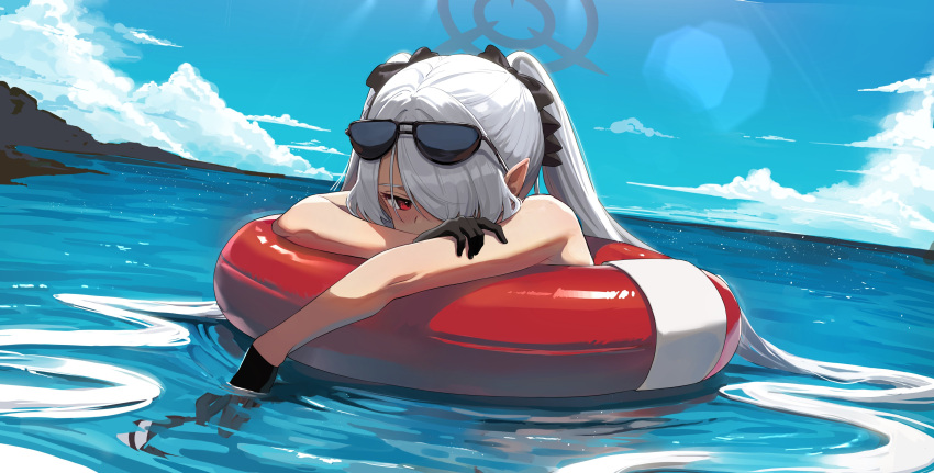 1girl absurdres bada_(jksh5056) bare_shoulders beach black-framed_eyewear black_gloves blue_archive blue_sky cloud cloudy_sky eyewear_on_head gloves grey_hair hair_over_one_eye halo highres innertube iori_(blue_archive) iori_(swimsuit)_(blue_archive) long_hair looking_at_viewer official_alternate_costume outdoors pointy_ears red_eyes sky solo sunglasses sunlight twintails water