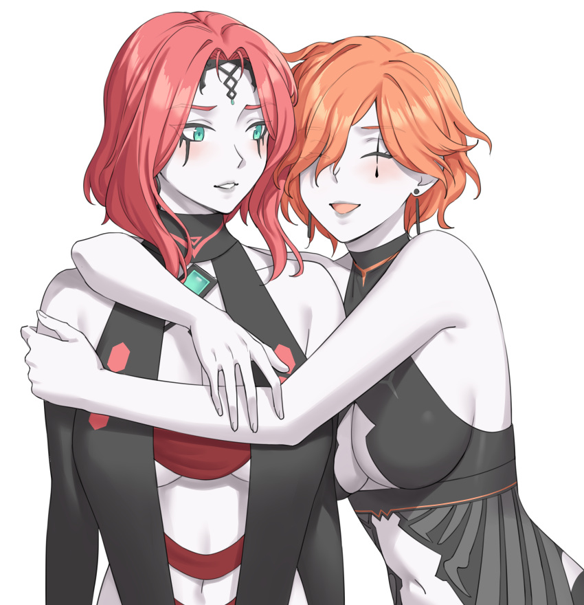 2girls absurdres aemu1008 aemu_(artist) agarthan alternate_costume blush cleavage_cutout cleobulus_(fire_emblem) clothing_cutout cornelia_arnim cuddling english_commentary facial_tattoo fan_design highres kronya_(fire_emblem) mature_female multiple_girls orange_hair pale_skin red_hair tattoo yuri