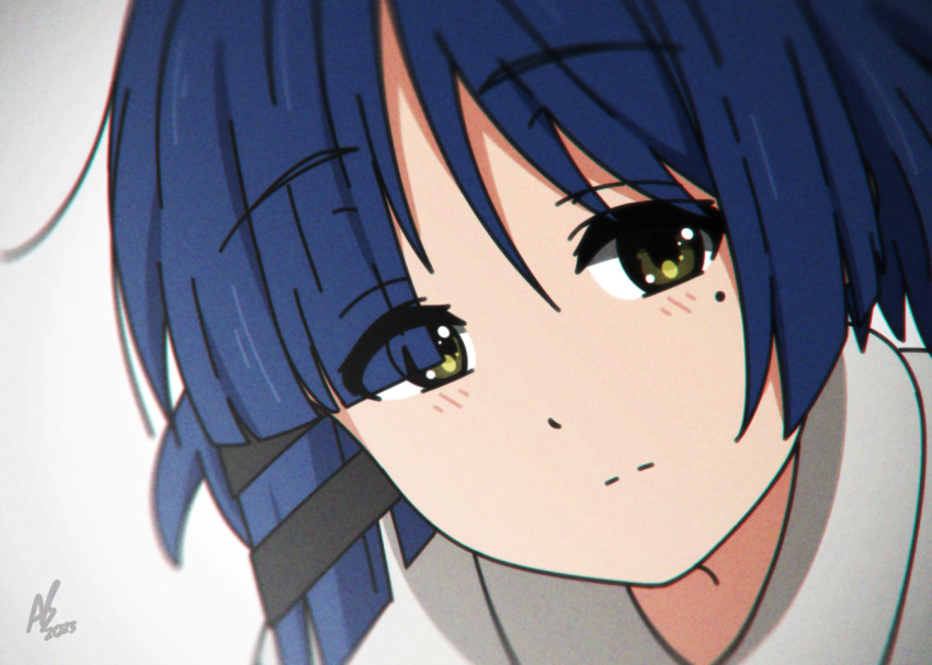 1girl animebrit blue_hair blurry blush bocchi_the_rock! close-up closed_mouth commentary dated depth_of_field green_eyes hair_ornament hairclip looking_at_viewer mole mole_under_eye portrait short_hair signature simple_background solo white_background yamada_ryou