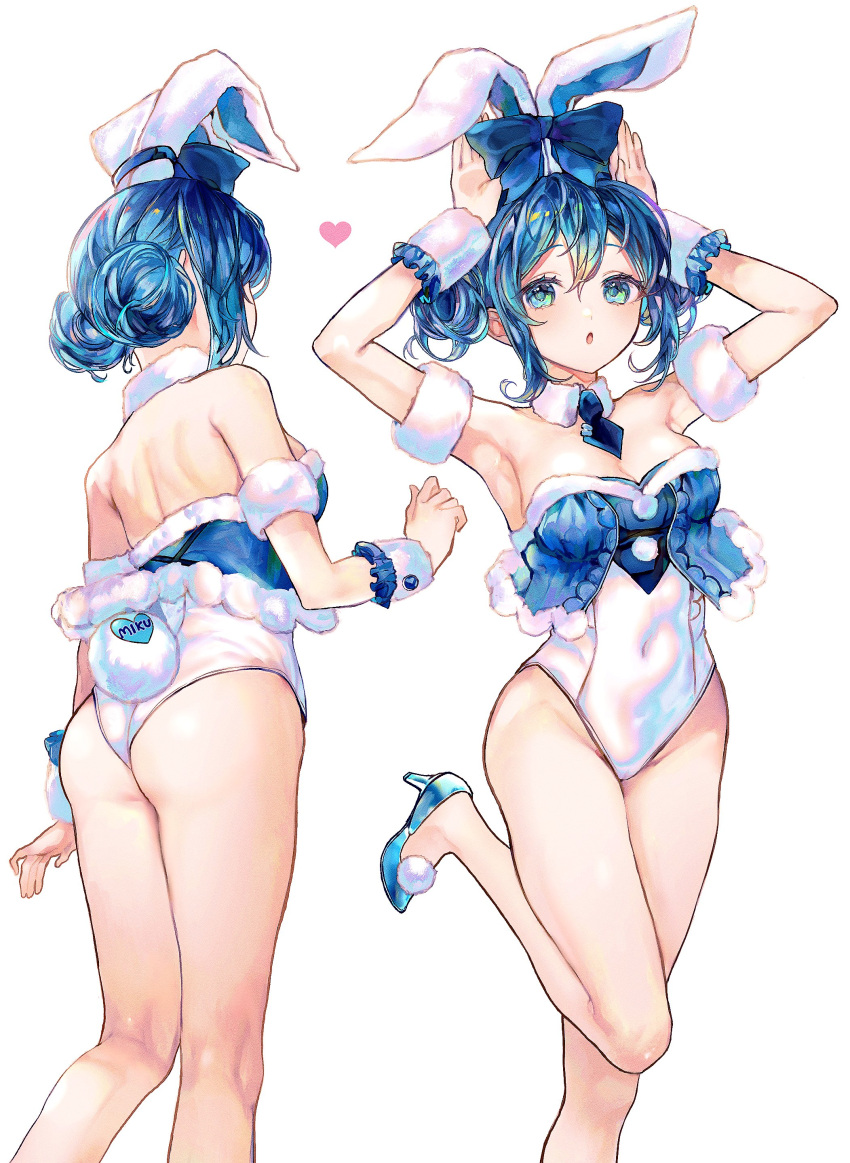 1girl :o absurdres alternate_costume alternate_hairstyle animal_ears aqua_eyes arm_up bare_shoulders blue_bow blue_footwear blue_hair blue_leotard blue_necktie bow breasts cleavage commentary_request covered_navel detached_collar double_bun ear_bow foot_out_of_frame foot_up from_behind fur-trimmed_leotard fur_collar fur_cuffs fur_trim hair_bun hatsune_miku heart high_heels highres leotard looking_at_viewer multiple_views necktie open_mouth playboy_bunny rabbit_ears rabbit_tail simple_background skksr strapless strapless_leotard tail tied_ears two-tone_leotard vocaloid white_background white_leotard