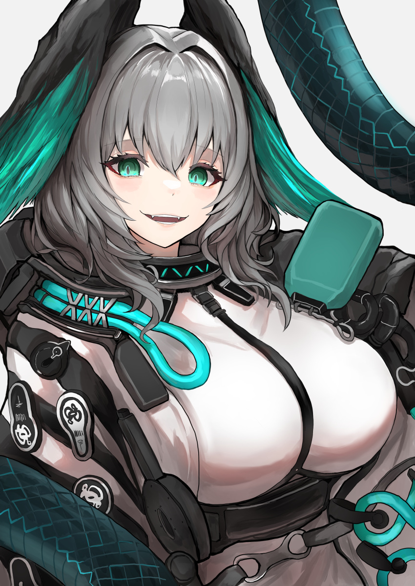 1girl absurdres arknights between_breasts black_wings blue_feathers blue_wings breasts fangs feathered_wings feathers green_eyes grey_hair hair_intakes head_wings highres ho'olheyak_(arknights) infection_monitor_(arknights) large_breasts long_tail looking_at_viewer mitsumoto_amata open_mouth simple_background smile snake_tail solo strap_between_breasts tail two-tone_wings white_background wings