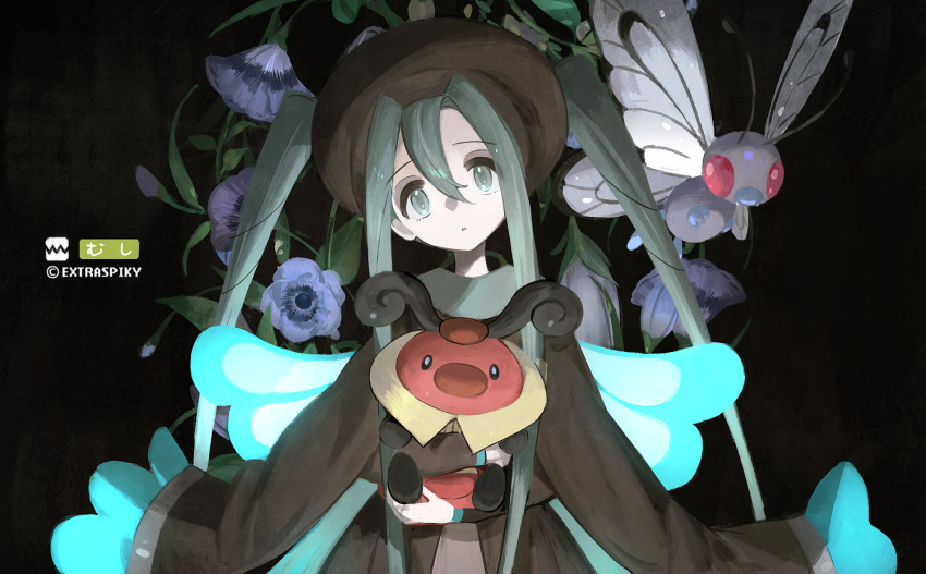 1girl blue_flower brown_headwear bug_miku_(project_voltage) butterfree commentary_request crossover extraspiky eyeshadow flower green_eyes green_hair grey_eyeshadow hair_between_eyes hat hatsune_miku head_tilt holding holding_pokemon kricketot long_hair long_sleeves looking_at_viewer makeup parted_lips pokemon pokemon_(creature) project_voltage sidelocks twintails vocaloid