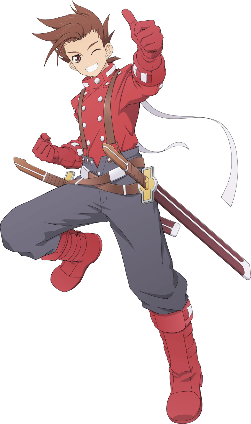 1boy ;d brown_hair english_commentary gloves highres lloyd_irving male_focus official_art one_eye_closed pants red_footwear red_gloves red_shirt shirt smile spiked_hair suspenders tales_of_(series) tales_of_asteria tales_of_symphonia thumbs_up transparent_background