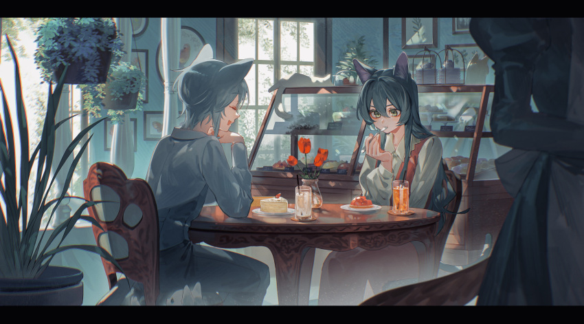 1boy 1girl animal_ears aqua_hair black_hair blue_shirt blush cafe cake cake_slice cat cat_boy cat_ears cat_girl cat_tail chair closed_eyes cup curtains dappled_sunlight display display_case door drink eating flower food fork green_eyes hair_between_eyes hand_on_own_chin highres holding holding_cup holding_fork itou_(very_ito) long_hair maid open_door open_mouth original own_hands_together picture_(object) picture_frame plant plate plate_stack potted_plant puffy_sleeves red_flower red_rose rose shirt short_hair sitting smile sunlight table tail vase white_shirt window