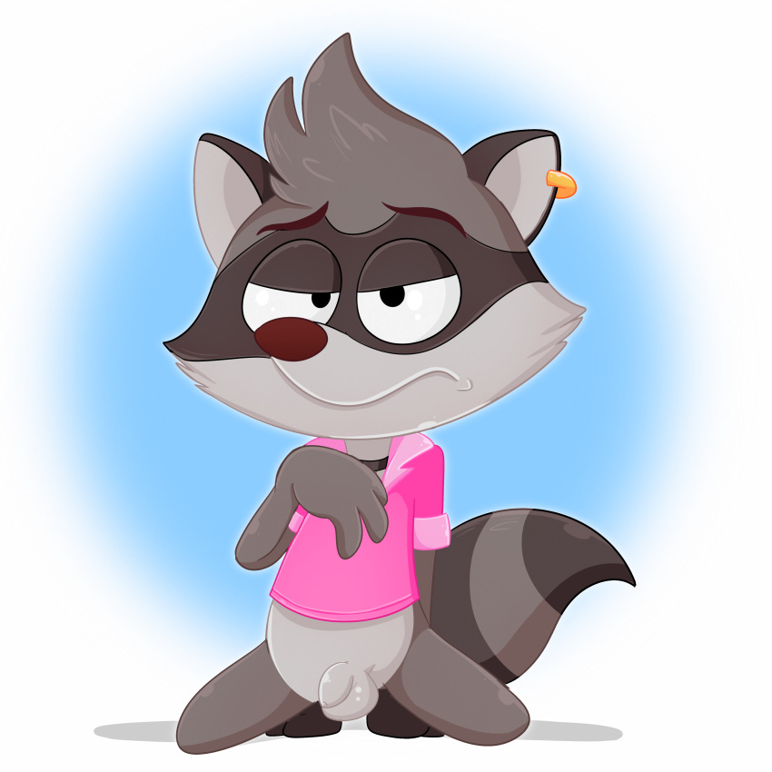 absurd_res albinoturtle anthro balls bottomless clothed clothing ear_piercing flaccid genitals hi_res male mammal penis piercing pink_clothing pink_shirt pink_topwear procyonid raccoon renaldo_raccoon shirt solo tiny_toons_looniversity topwear