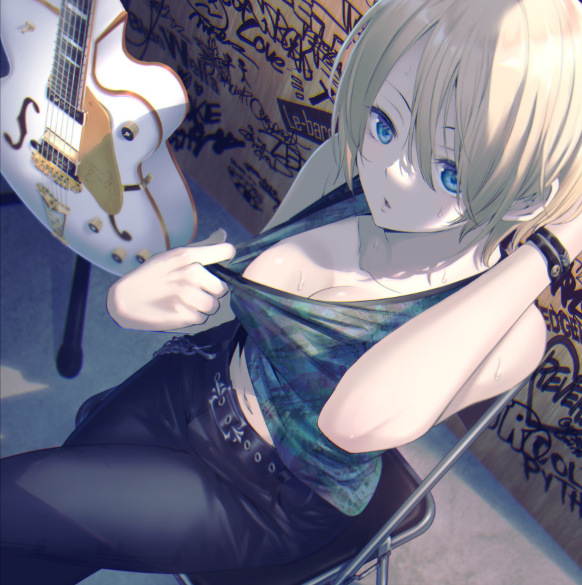 1girl bare_arms bare_shoulders black_pants blonde_hair blue_eyes bracelet breasts chair cleavage clothes_pull collarbone crossed_legs denim electric_guitar folding_chair green_shirt guitar highres hououji_akane indoors instrument jeans jewelry looking_at_viewer megami_no_kafeterasu navel official_art on_chair pants parted_lips print_shirt pulled_by_self seo_kouji shirt shirt_pull short_hair sitting small_breasts solo writing_on_wall