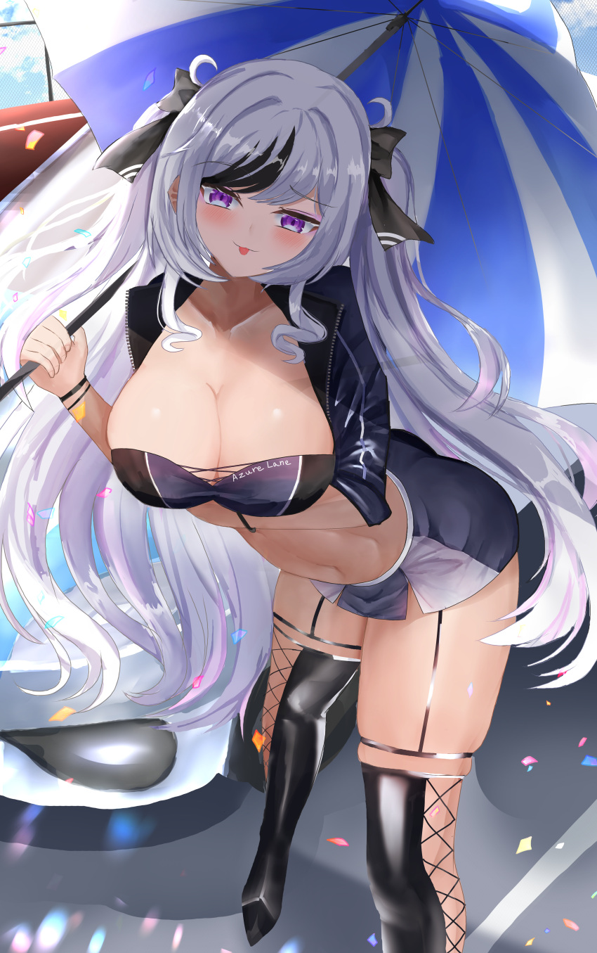 1girl absurdres alternate_costume arm_under_breasts azur_lane black_footwear black_hair boots breasts cleavage cropped_jacket elbe_(azur_lane) highres holding holding_umbrella jacket large_breasts long_hair looking_at_viewer microskirt multicolored_hair open_clothes open_jacket purple_eyes race_queen rei_tuki skirt streaked_hair thigh_boots two-tone_hair umbrella very_long_hair white_hair