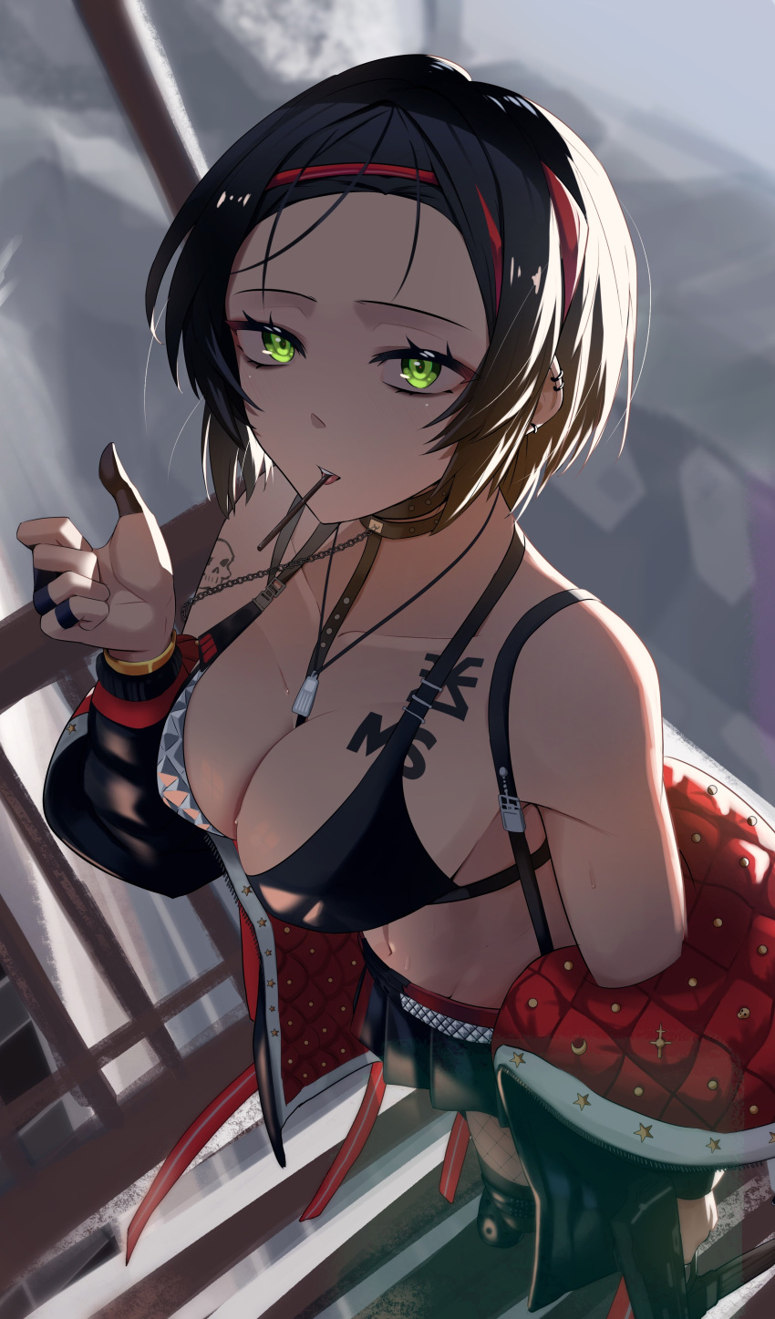1girl absurdres bare_shoulders black_eyeshadow black_hair breasts chain choker collar collarbone couch crow_(nikke) eyeshadow from_above goddess_of_victory:_nikke green_eyes highres large_breasts makeup open_clothes piercing relentless sitting skirt smoking solo studded_bikini tattoo