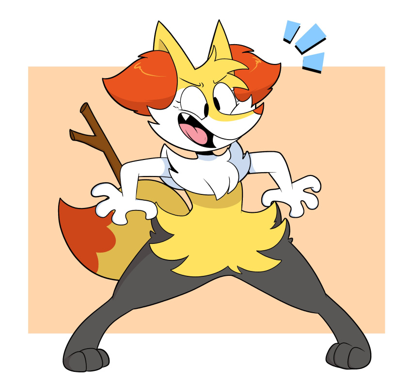 2023 3_toes 4_fingers absurd_res anthro bar_emanata biped black_eyebrows black_eyelashes black_legs black_mouth blonde_hair blue_emanata border braixen braixen_(kabula) canid canine countershade_face countershade_fur countershading cross-eyed digital_drawing_(artwork) digital_media_(artwork) emanata eyebrows feet female female_anthro fingers fur generation_6_pokemon hair hi_res inner_ear_fluff kabula_(artist) mammal nintendo nude open_mouth orange_background pigeon_toed pink_tongue pokemon pokemon_(species) red_inner_ear_fluff red_nose simple_background snaggle_tooth solo stick stick_in_tail tail teeth toes tongue tuft white_arm white_border white_tuft wide_stance yellow_body yellow_fur yellow_tail