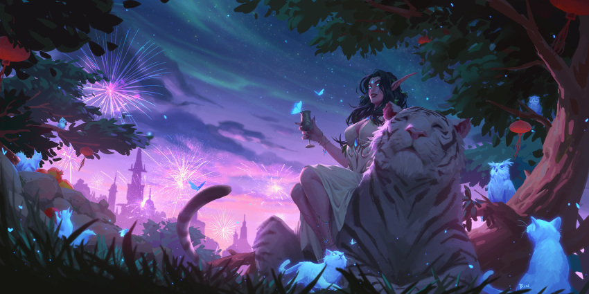 1girl bird bracelet breasts bug butterfly cat character_request cleavage cloud commentary cup dress elf fireworks grass highres holding holding_cup huabinwang jewelry large_breasts night_elf_(warcraft) owl pink_sky pointy_ears sitting_on_animal sky tiger tree warcraft white_dress white_tiger world_of_warcraft