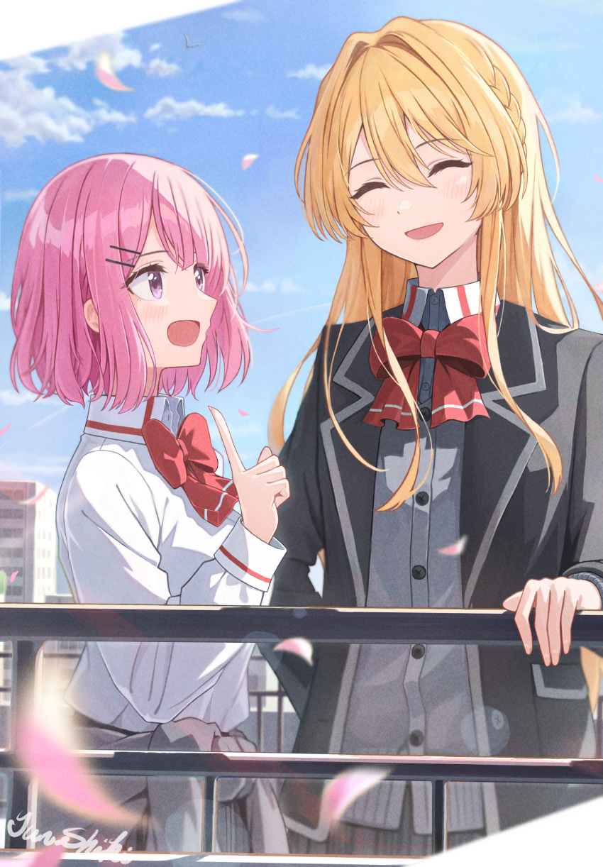 2girls :d ^_^ amaori_renako artist_name blazer blonde_hair blue_sky bow bowtie braid building closed_eyes cloud collared_shirt commentary_request day falling_petals grey_shirt hair_between_eyes hair_ornament hairclip hand_on_railing height_difference highres jacket junshiki long_hair long_sleeves looking_at_another multiple_girls open_mouth outdoors ouzuka_mai petals pink_hair railing red_bow red_bowtie school_uniform shirt short_hair sky smile upper_body watashi_ga_koibito_ni_nareru_wake_naijan_murimuri white_shirt