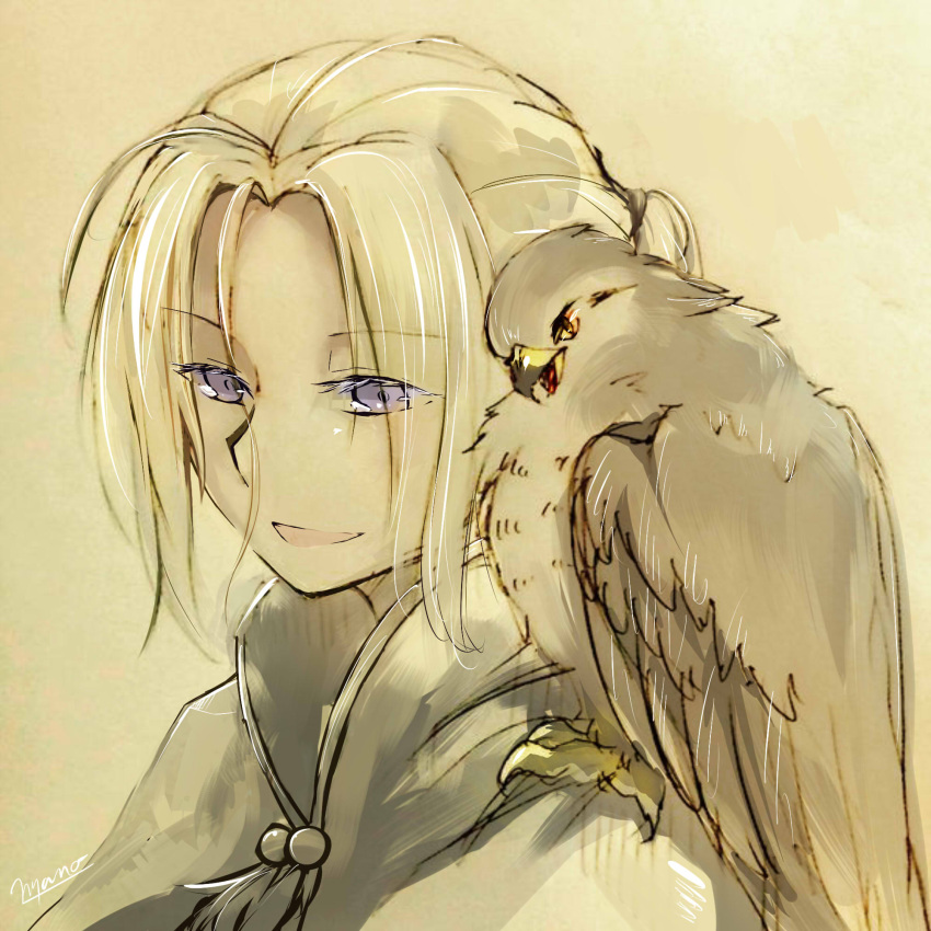 1boy animal_on_shoulder arslan arslan_senki bird bird_on_shoulder cloak eyelashes hair_between_eyes hawk highres light_brown_background male_focus okame_miko open_mouth partially_colored ponytail purple_eyes solo upper_body