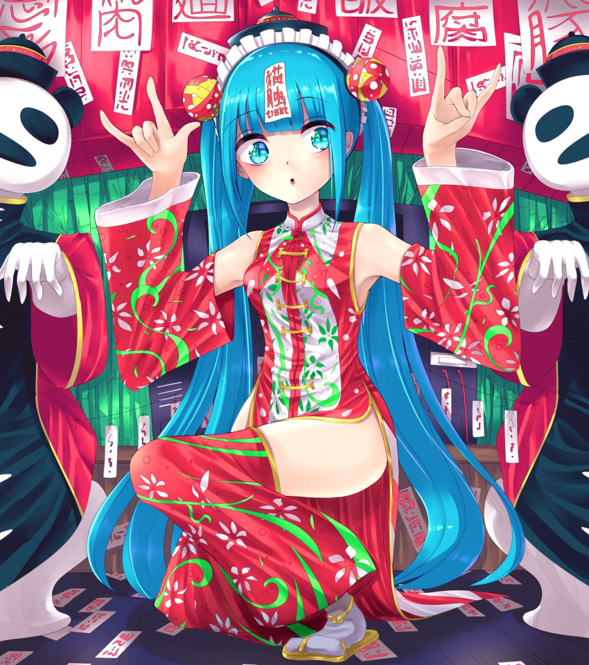1girl blue_eyes blue_hair chinese_clothes detached_sleeves dot_nose dress fox_shadow_puppet hat hatsune_miku highres jiangshi long_hair ofuda open_mouth outstretched_arms panda qing_guanmao red_dress sandals slit_pupils socks solo_focus very_long_hair vocaloid white_socks wide_sleeves yamaoji33 zombie_pose