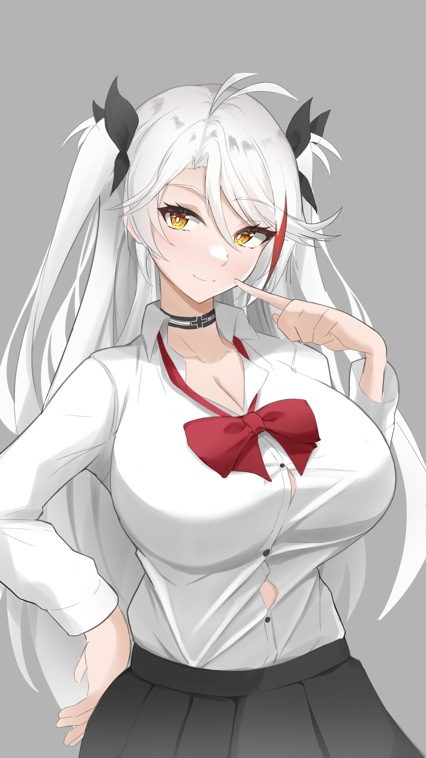 1girl absurdres alternate_costume antenna_hair azur_lane black_choker black_ribbon black_skirt bow bowtie breasts button_gap choker cleavage closed_mouth collared_shirt cross grey_background hair_between_eyes hair_ribbon hand_on_own_hip highres huge_breasts index_finger_raised iron_cross j_yak47 light_smile long_hair long_sleeves looking_at_viewer loose_bowtie multicolored_hair partially_unbuttoned pleated_skirt prinz_eugen_(azur_lane) red_bow red_hair ribbon school_uniform shirt simple_background skirt solo streaked_hair taut_clothes taut_shirt two-tone_hair very_long_hair white_hair white_shirt yellow_eyes